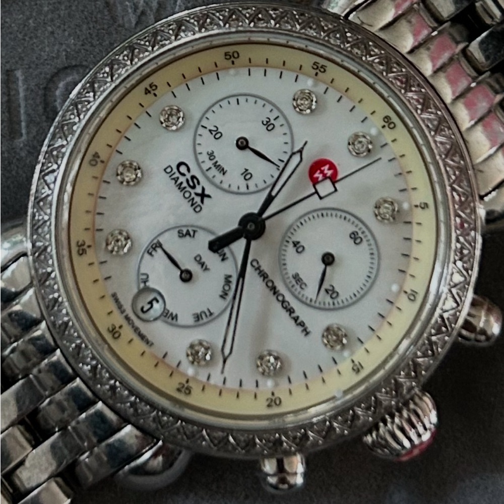 Michele Diamond Watch with Mother of Pearl and Diamond Face.